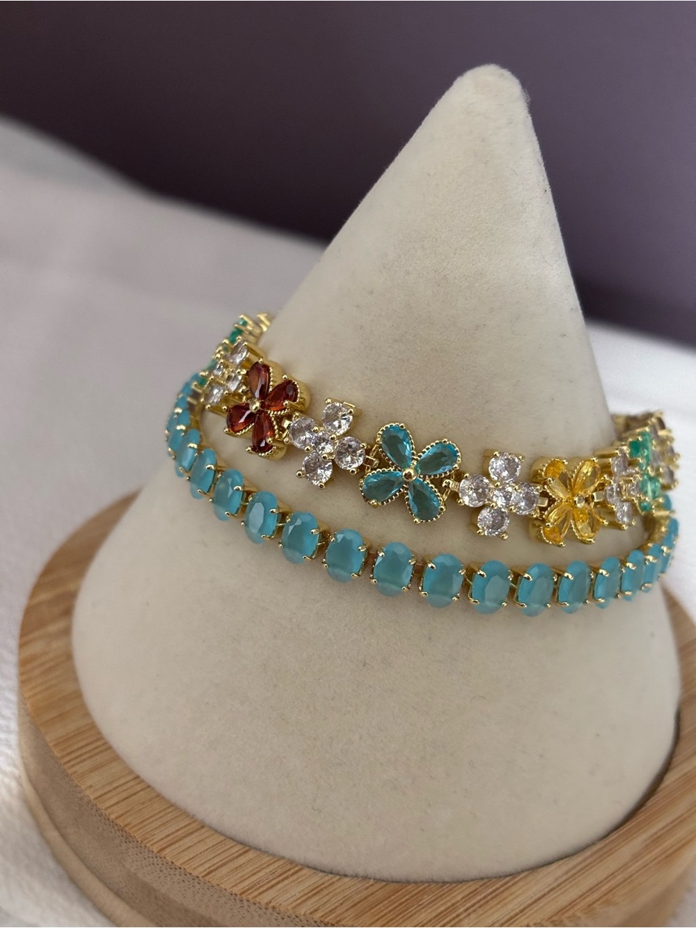 Gold Floral Bracelet set with Turquoise Beads and Multicolor Flower Accents